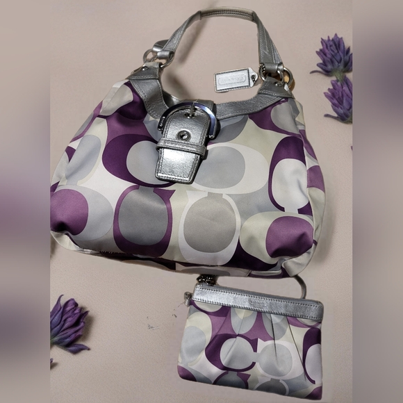 Coach Handbags - Coach 2 Piece Hobo SATEEN Scarf Print. 2011 Purple GREY SILVER AND WHITE.